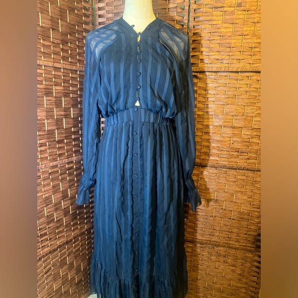 ASOS Dress Blue Pin Strip Sz 10 Sheer Overlay Long Sleeve Exposed Back ruffles - Picture 3 of 16